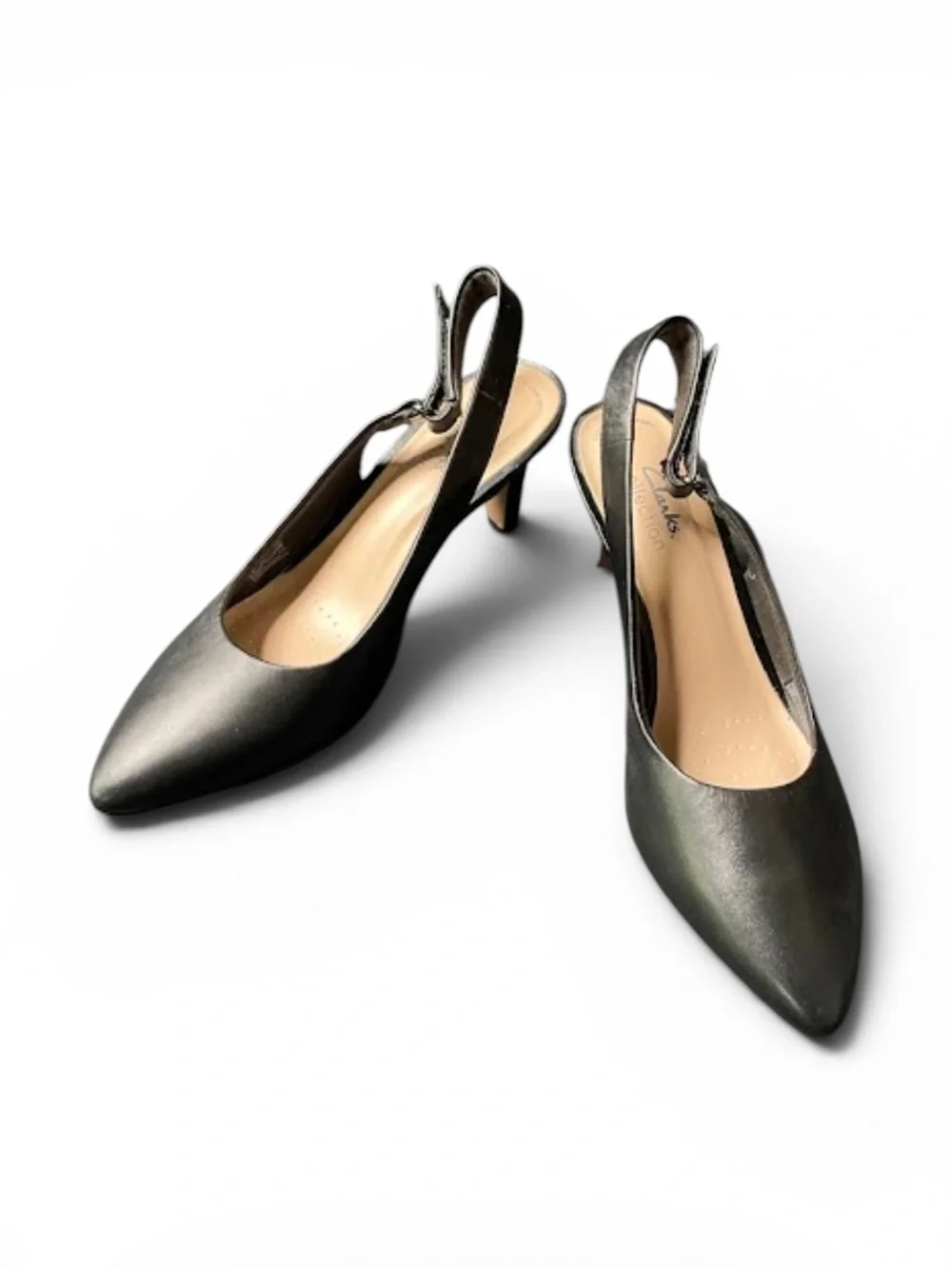 Clarks Black Pointed-Toe Slingback Kitten Heels